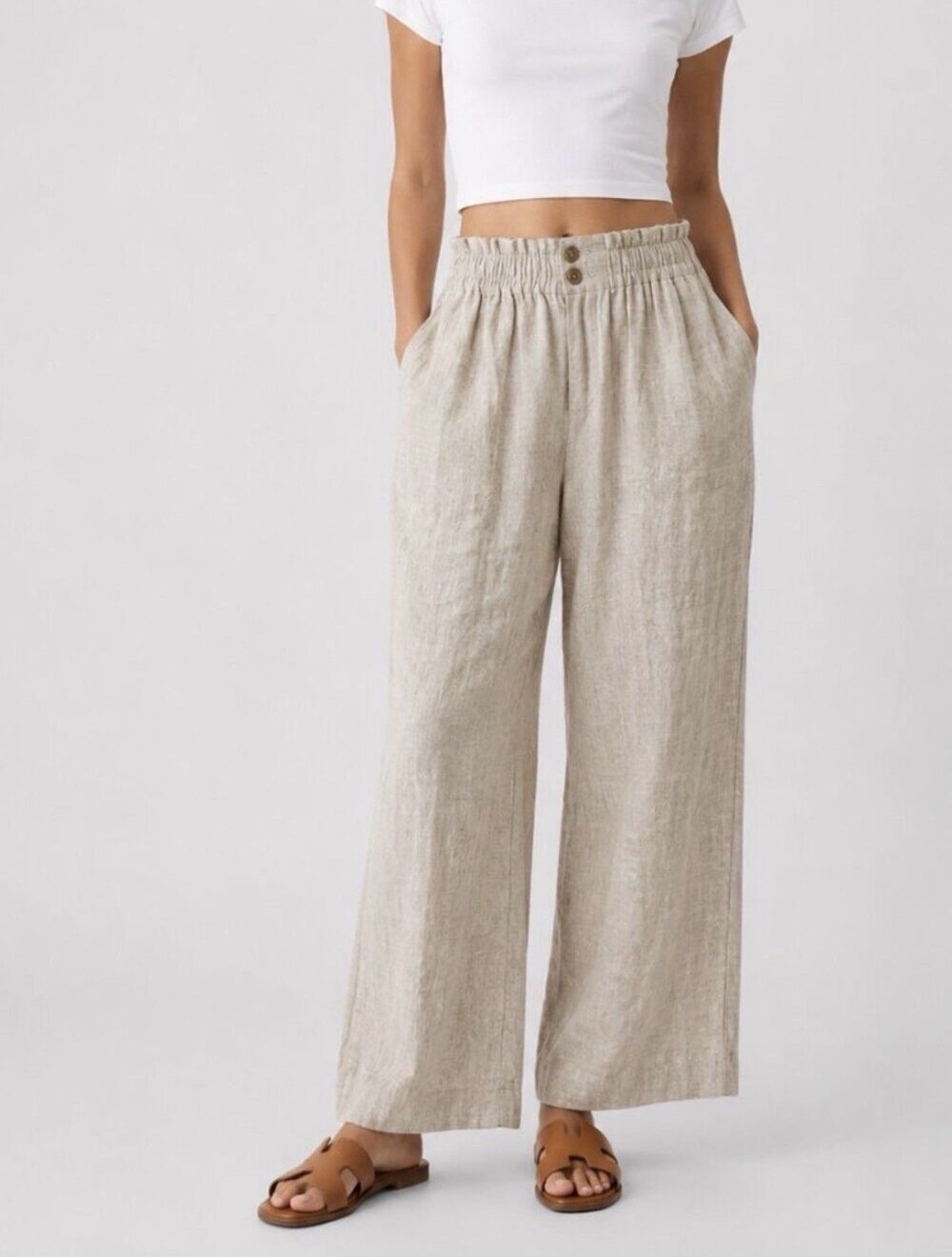 Briggs Women’s S Linen Blend Wide Leg Pants Beige High Rise Paperbag Waist